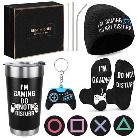 Funny Gamer Gift Set – “Do Not Disturb, I’m Gaming” with Insulated Tumbler, Hat, Socks, Coasters, and Keychain. Perfect for Husband, Boyfriend, or Man.