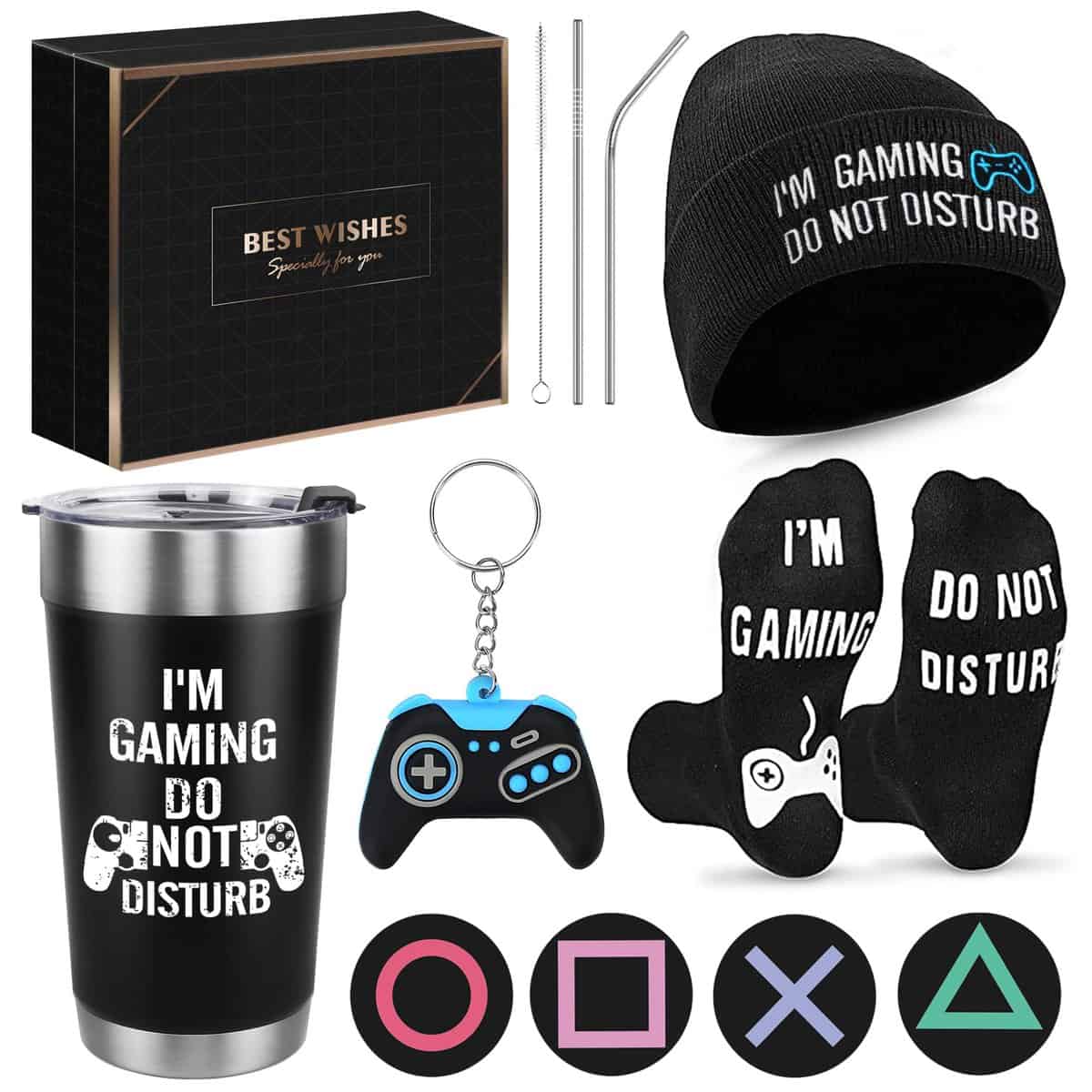 Gamer Gifts for Men - Do Not Disturb I’m Gaming Set - Funny Gamer Gifts Containing Insulated Tumbler, Gaming Hat, Socks, Gaming Coasters Set and Keychain - Present Ideas for Husband Boyfriend Man