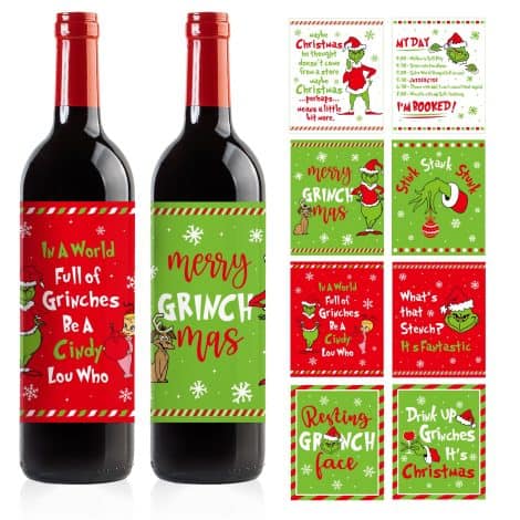 “Cheerful Grinch Christmas Wine Accessories: 48 Funny Waterproof Bottle Stickers, Perfect Novelty Xmas Decor and Gifts.”