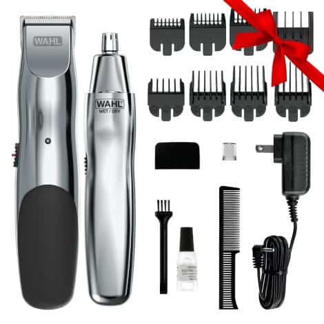 Wahl’s Groomsman Beard Trimmer kit trims facial hair, including nose hair, with a bonus wet/dry nose trimmer.