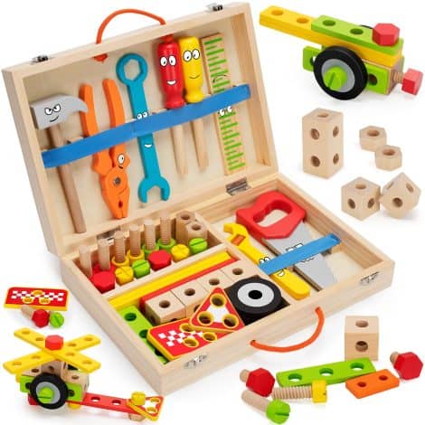 Wooden Construction Tool Set for Kids, Montessori STEM Toy, 43 Pieces with Storage Box, Ages 3-5. Perfect Birthday Gift!