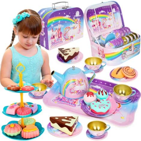 KMUYSL Tea Party Set: Imaginary Kitchen Fun for Girls 3-6, Features Tin Tea Set, Sweets & Carry Case. Ideal Christmas or Easter Present.