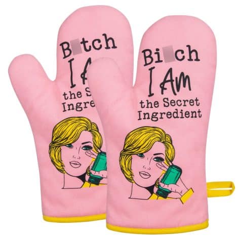 Funny Pink Miracu Oven Mitt, a delightful housewarming and holiday gift for the baking enthusiast.