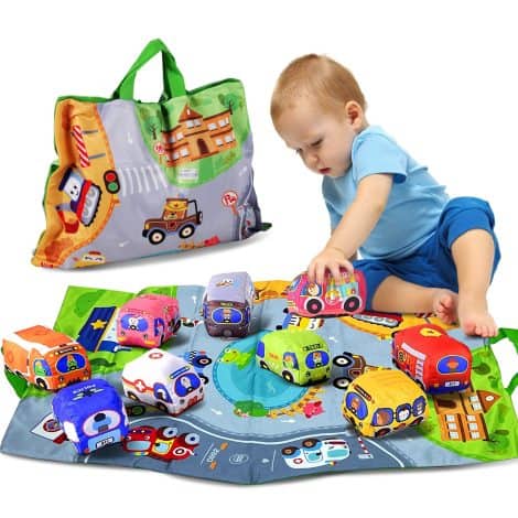 9-piece soft car toy set with playmat and storage bag, perfect for 1-2 year old boys. Great gift for birthdays.