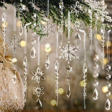 18 piece set of Christmas tree ornaments, featuring crystal snowflakes and icicles, perfect for winter festivities.