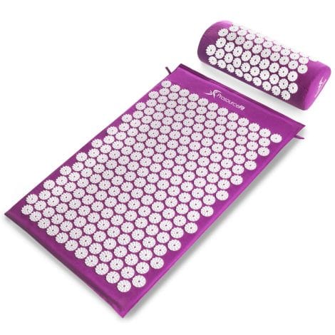 ProsourceFit Acupressure Mat and Pillow Set soothes back and neck pain, providing muscle relaxation for Americans.