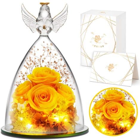 YEEBAY Women’s Preserved Flower Gift: Angel Figurine with Rose and Light, Perfect for Special Occasions