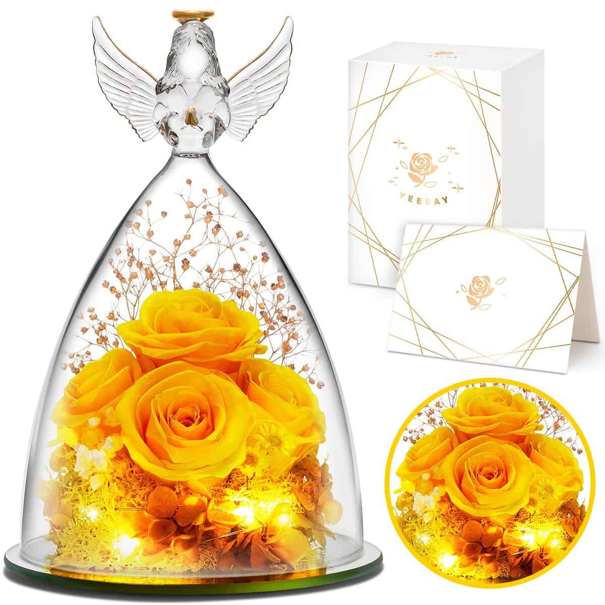 YEEBAY for Women, Preserved Flowers Gifts for Mom Wife Grandma, Angel Figurine with Rose and Light, Ideal Anniversary, Wedding, Valentine's Day, Birthday, Thanksgiving Day Gift for Her