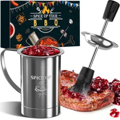 Fun and unique kitchen gadgets for grilling – BBQ sauce pot and basting brush set, perfect stocking stuffer for dad!