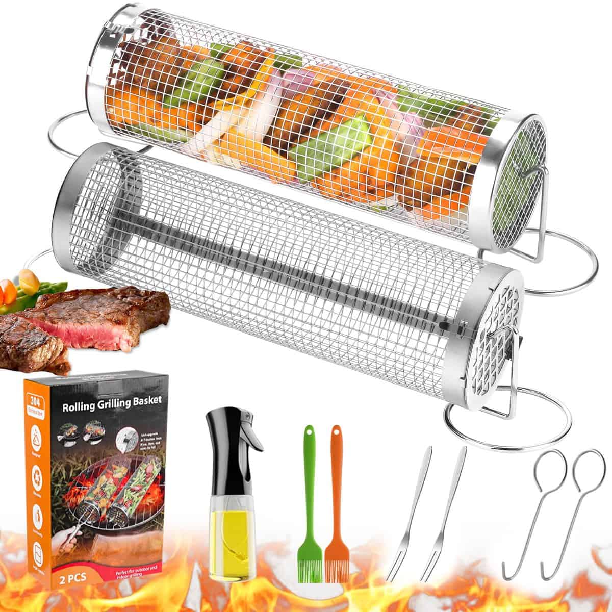 Rolling Grill Baskets for Outdoor Grilling : 2 Pcs Stainless Steel Grill Mesh, Rolling Grill Baskets for Outdoor Grill, Portable Grill Nets Cylinder for Shrimp, Meat Barbecue Camping Picnic with Forks