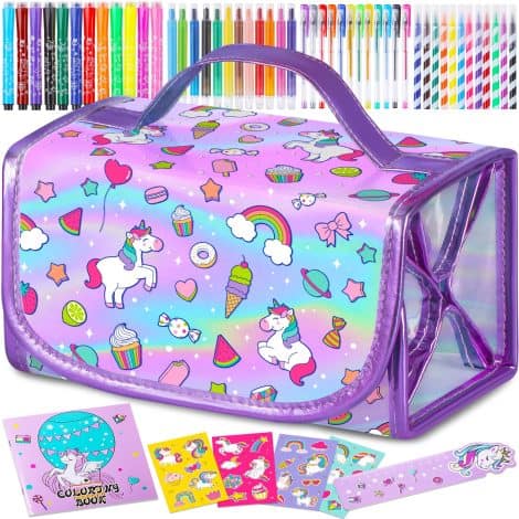 Colorful Unicorn Art Set for Girls 5-9: Comes with unicorn markers, pencil case, and craft supplies. Perfect for birthdays and holidays.