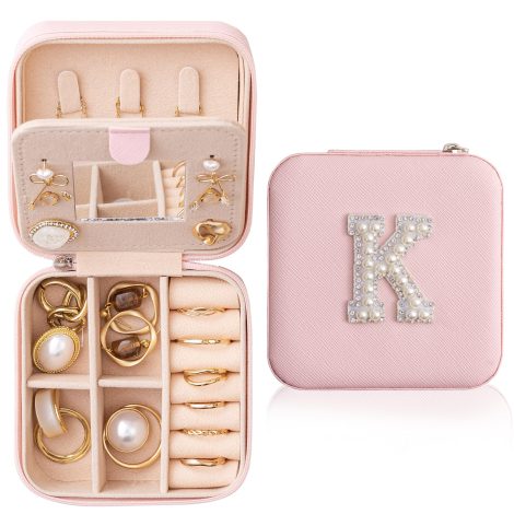 Women’s travel jewelry case, fashionable K initial design, organizer for pink jewelry, mini case for girls. Perfect teen girl gift.