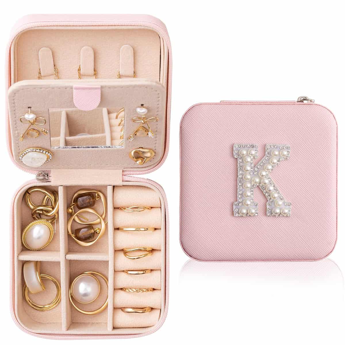 HBselect Travel Jewelry Case for Women Fashion, K Initial Jewelry Case| Travel Jewelry Case Organizer| Pink Jewelry Case| Mini Jewelry Travel Case for Girls Jewelry Box| Teen Girl Gifts Trendy Stuff