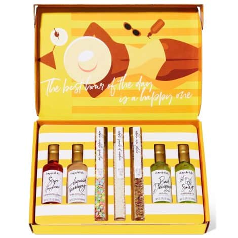 “Artfully curated Cocktail Therapy Gift Set by Thoughtfully Gifts, featuring 4 mixers and delightful garnishes.”