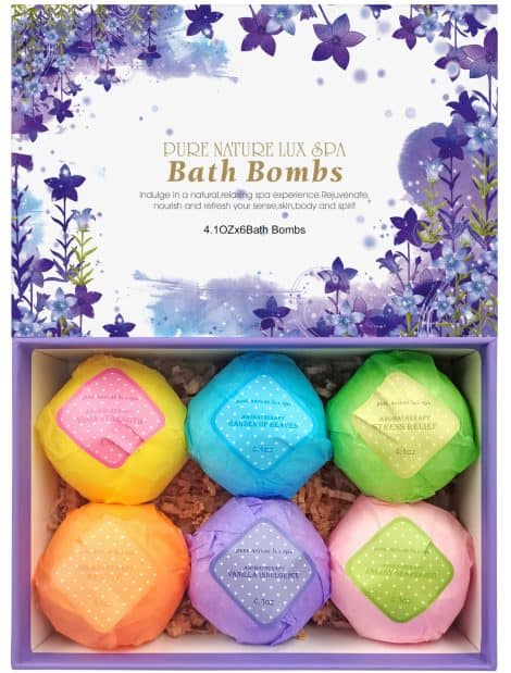 Luxurious spa bath bombs set with natural ingredients, perfect birthday gift for anyone, including women, men, and children.