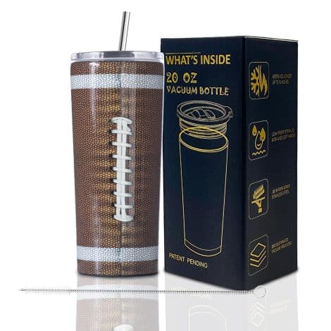 Football-themed Boelia 20 oz insulated tumbler, perfect birthday, coach, and Father’s Day gifts for football-loving men.