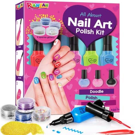 “Nail Art Studio Set for Girls, Ages 8-12, includes Nail Polish, Pens, Glitter, Stickers; Perfect Gift!”