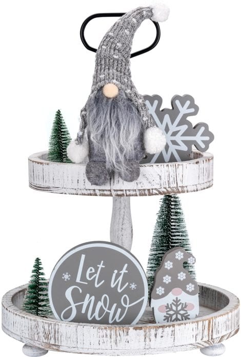 Rustic Winter Tray Decor Set includes a grey Snowflake Gnome, Snowman, Wood Sign, and Beaded Garland.