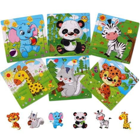 Wooden animal puzzles for toddlers aged 2-5, includes 6 sets with 9 pieces each. Great educational gift!