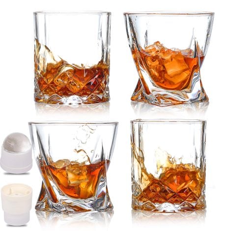 CUCUMI 4-piece Set of 10oz Whiskey Glasses with Ice Ball Molds – Perfect Barware Gift!