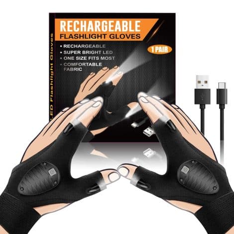 Rechargeable LED gloves, perfect for stocking stuffers and gift-giving occasions. Ideal for fishing, camping, and repairs.