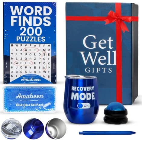 “Man’s Healing Essentials” – Bundle of Comforts including Insulated Cup, Relaxation Puzzle, Massager, Gel Pack – Postoperative Support.