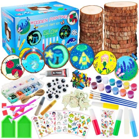 Glow in The Dark Unfinished Wood Slices Craft kit – Perfect Art Gift for Kids 6-12.