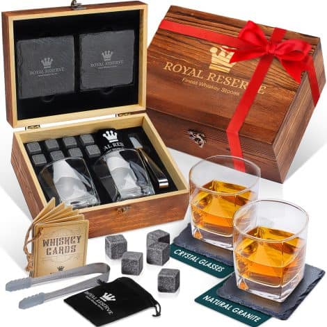 “Royal Reserve’s Whiskey Stones Gift Set: Handcrafted Scotch Bourbon Glasses, Chilling Rocks, Coasters, Tongs—Perfect for Men!”