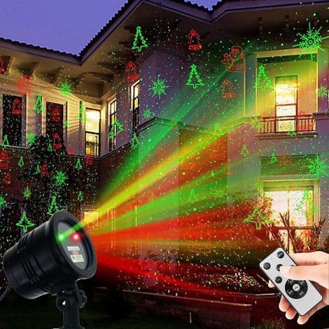 Outdoor Christmas laser lights with red and green Xmas patterns, perfect for parties and outdoor decorations.