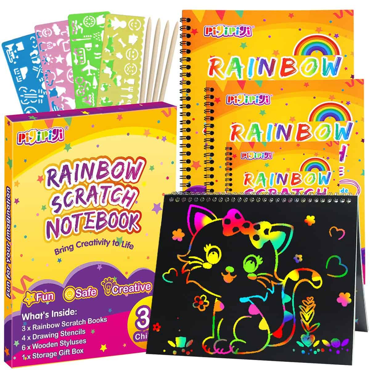 pigipigi Gifts for 3-12 Year Old Girls Boys - 3 Pack Rainbow Scratch Off Notebooks Arts Crafts Supplies Set Color Drawing Paper Kit for Kids Birthday Game Party Favor Christmas Easter Activity Toy