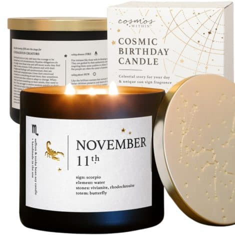 Stillwater Bath and Body’s Personalized Astrology Candle, featuring your Birthday Reading, Daily Affirmation, and Fragrance.