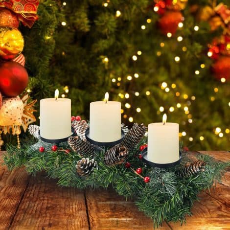 Holiday-themed Candle Holder with 3 Candle Slots, Pine Cones, and Red Berry; Ideal for Indoor Decoration and Events.