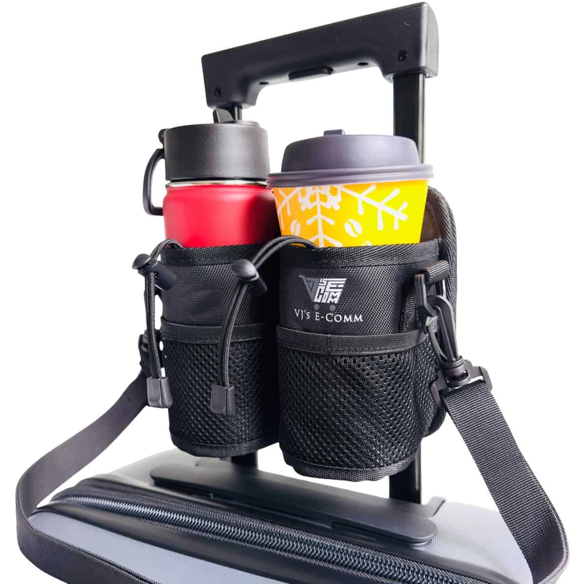 VJ's E-COMM Luggage Travel Cup Holder - Drink Stroller Coffe Caddy - Thermal Insulation - 3 Pocket - Should Strap - Traveler Accessories - Fits Rollon Universal Suitcase Handle - Gift for Flight Attendant - BLACK