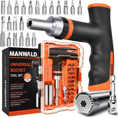 MANWALD Christmas Gifts for Men: Ratcheting T-Handle Screwdriver Set with Drill Adapter, Universal Socket, Cool Tools for Everyone.