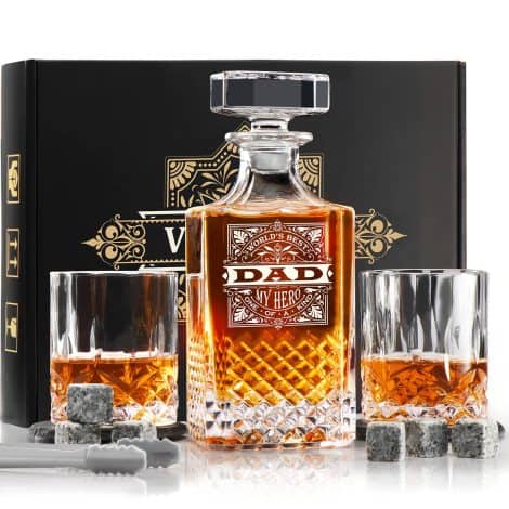 Traveler Gifts for Dad: Exceptional Whiskey Decanter Set with 2 Glasses. Perfect for Father’s Day, birthdays, Christmas, or retirement.