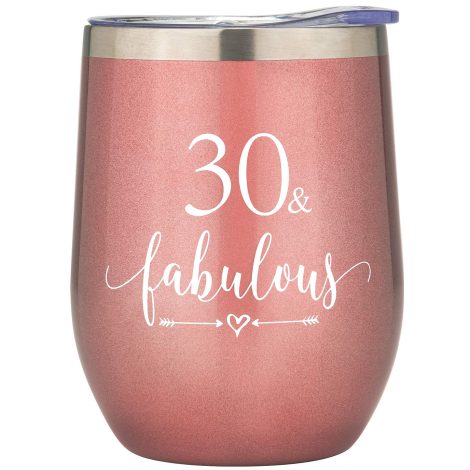 Rose Gold 30 & Fab Wine Tumbler – Perfect 30th Birthday Gift for Women, with Lid and Straw.