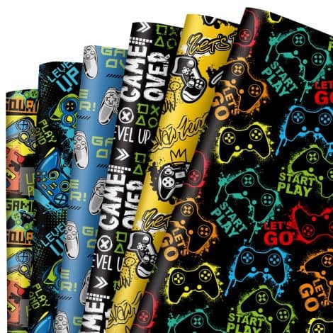 Colorful video game gift wrap paper for gamers, perfect for birthdays, baby showers, DIY crafts, 19.7 x 27.6 In.