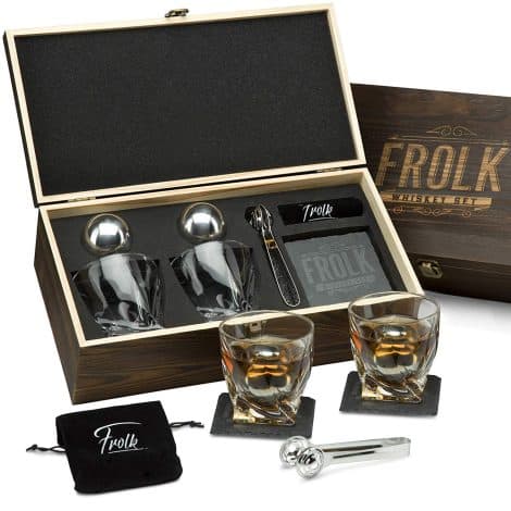 Luxurious Whiskey Rocks Gift Set for Guys – 2 Large Stainless-Steel Ice Spheres – 2 Extra-Large Whiskey Tumblers, Stone Coasters, Freezer Bag & Tongs – Exquisite Set in Distinctive Pine Wood Case