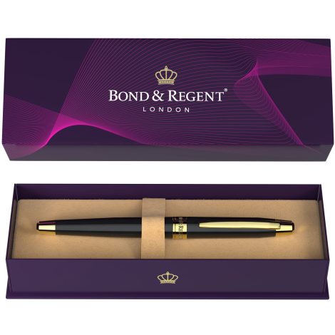 Luxury Bond & Regent Rollerball Pen, adorned in 24K gold and sleek black, a perfect gift for all.