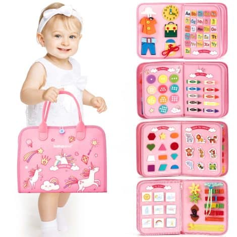 “Travel-friendly toddler toy set for 2-year-old girls, offering engaging learning activities in life skills, literacy, and more.”