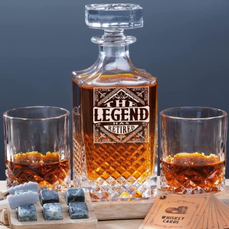 Celebrate a special someone’s retirement in 2023 with the PONPUR Legends Whiskey Decanter Gift Set. Perfect for Dad, coworkers, and teachers!