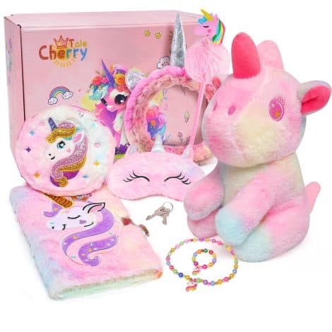 Unicorn-themed gifts for young girls: Cherry Tale Unicorns Gift Set, including plush toy, diary, headband, eye mask. Ideal for ages 5-10.