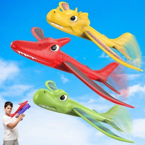 3-pack foam glider catapult toy set with dino airplane launchers, perfect for outdoor fun and birthdays.