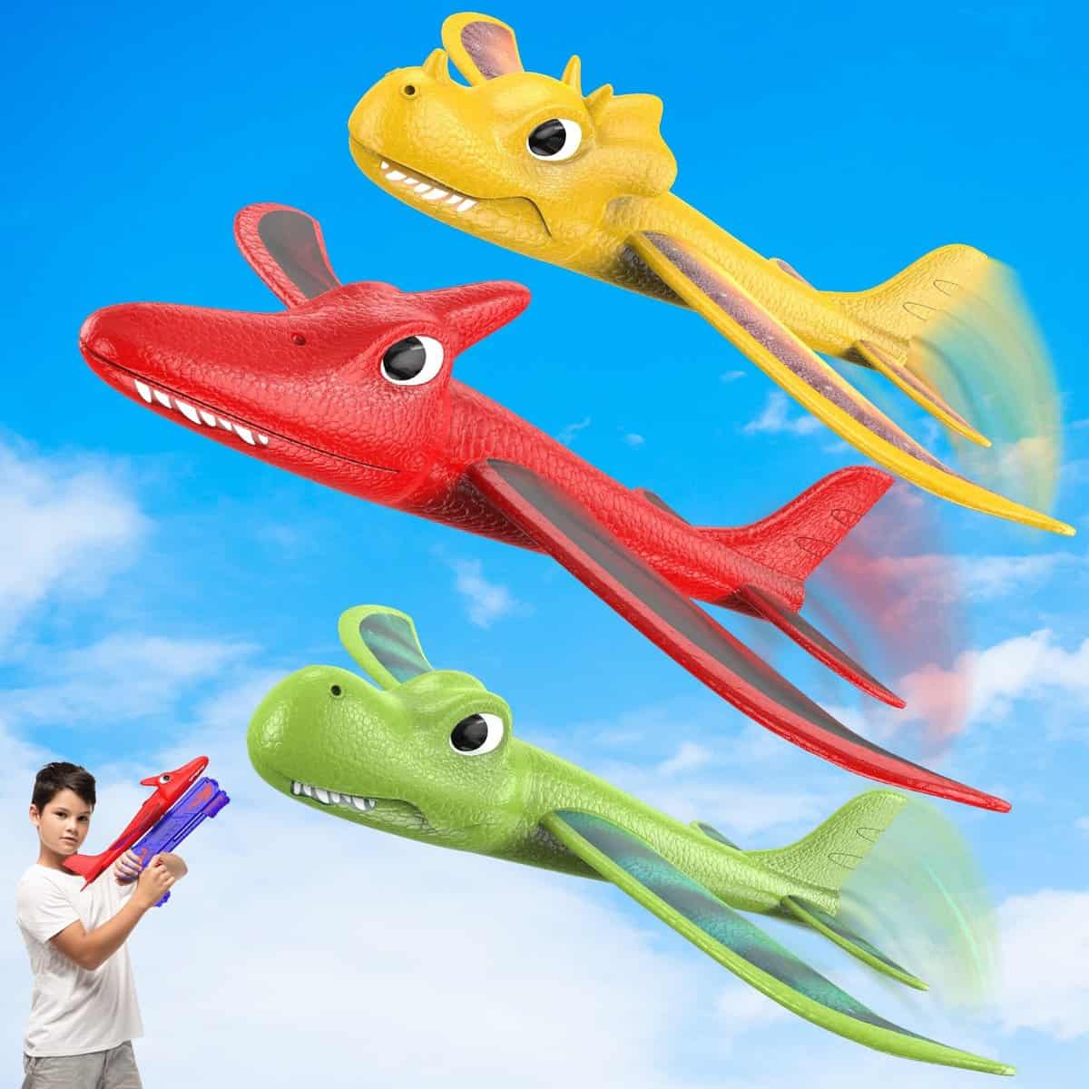 PADONISE 3 Pack Dino Airplane Launcher Toys, 2 Flight Modes Foam Glider Catapult Plane Toy for Boys, Outdoor Dinosaur Flying Toys Kids Birthday Gifts for Boys Girls Age 3 4 5 6 7 8 10-12 Years Old