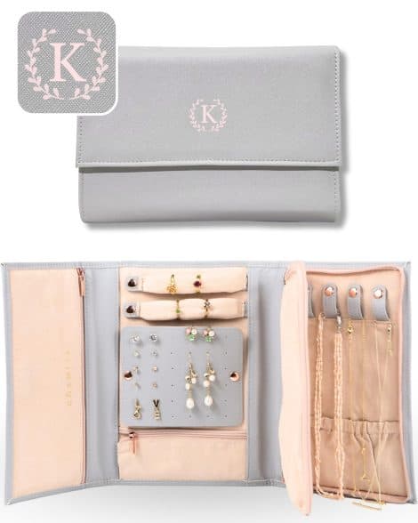 COSMIYA Initial Travel Jewelry Case: Personalized, Monogrammed box for custom and unique jewelry storage. Perfect birthday gift for mom!