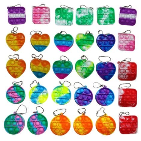 “Mini Pop Fidget Keychain Pack: Fun-filled 30-pack party favor, perfect for kids and teens, great for parties and gifting!”