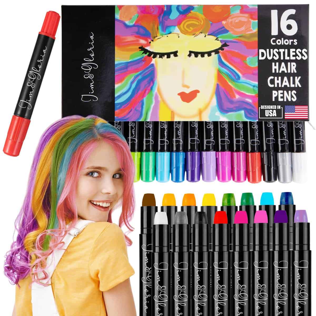 Jim&Gloria Dustless Hair Chalk Pens For Girls and Boys Teen Girls Trendy Stuff Tween Teenage Christmas Stocking Stuffers Girls Gift Ideas 7 8 9 10 11 12 13 14 + Year Old -16 Colors