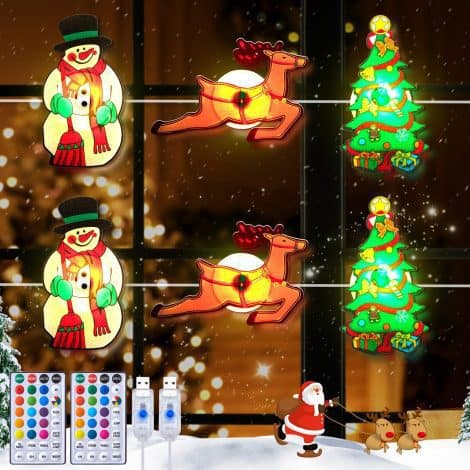 Get festive with 2 sets of window lights, featuring 30 LED color changing stickers, including deer, trees, and snowmen.