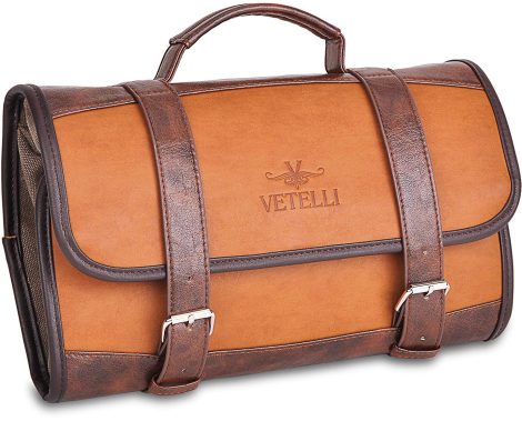 Vetelli Men’s Leather Travel Organizer – Waterproof, Multiple Pockets, and Convenient Hanging Hook for your toiletries.