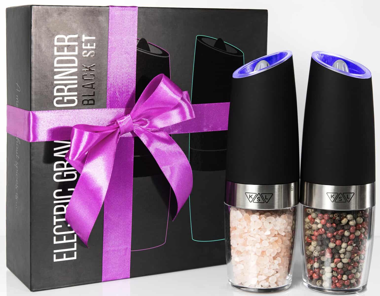 KSL Gravity Electric Salt and Pepper Grinder Set - Christmas Gift Idea - Adjustable Motorized Electrical Powered Auto Shakers Holiday kit - Automatic Power Mill - Automated Battery Electronic Crusher